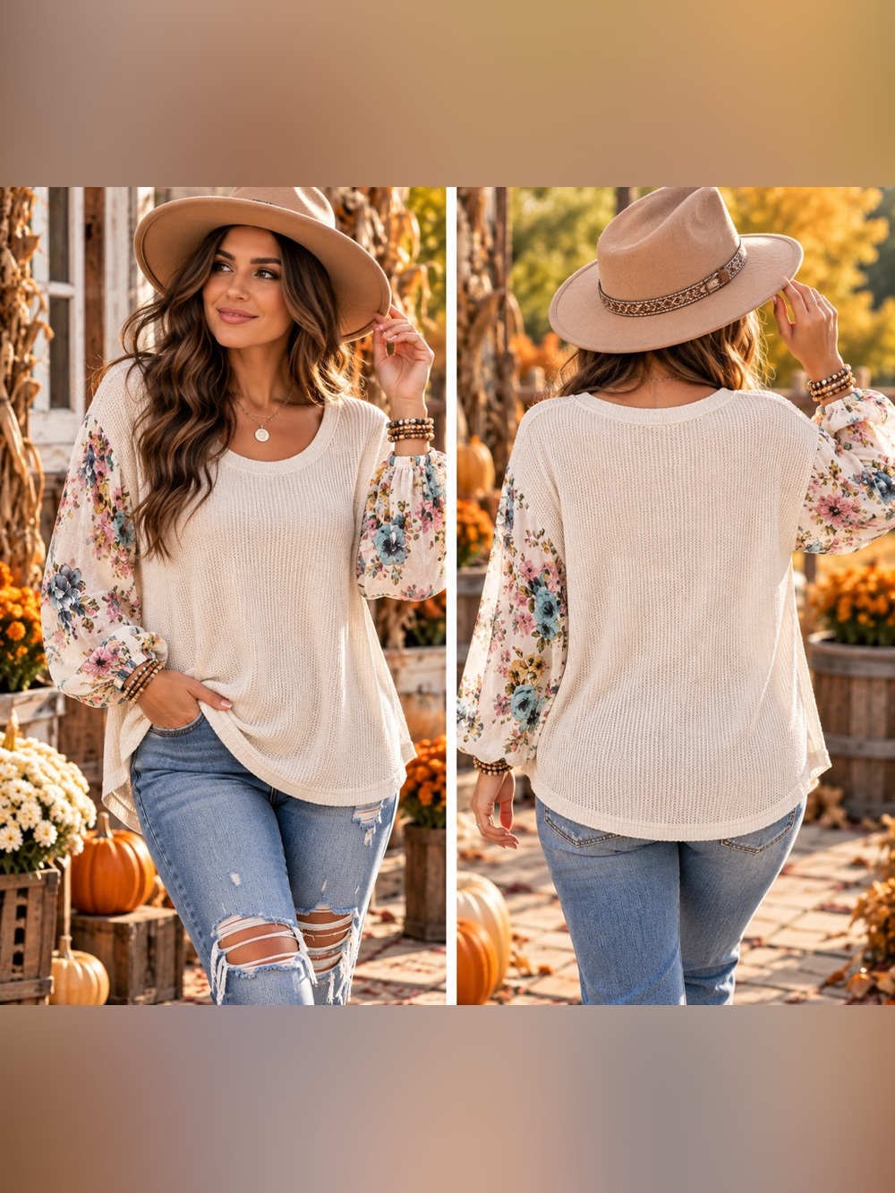 ODDY Cream Floral Balloon-Sleeve Knit Top
